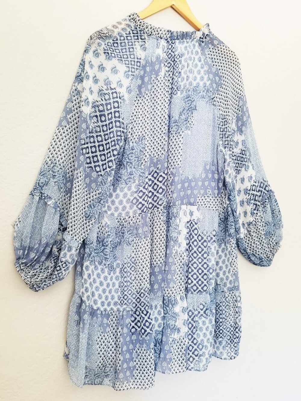 MSK Ruffle V Neck Baby Doll Dress XL Chiffon Patchwork Blue Shimmer Boho Cottage - Picture 5 of 15